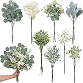 FOTEEWL 75 Pcs Artificial Greenery Stems Box Set,with 8 Kinds of Faux Plants and Fake Flowers for DIY Bridal Bouquets Wedding Floral Arrangement Table Centerpieces Decoration (Sage Green)