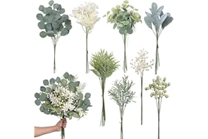 FOTEEWL 75 Pcs Artificial Greenery Stems Box Set,with 8 Kinds of Faux Plants and Fake Flowers for DIY Bridal Bouquets Wedding Floral Arrangement Table Centerpieces Decoration (Sage Green)