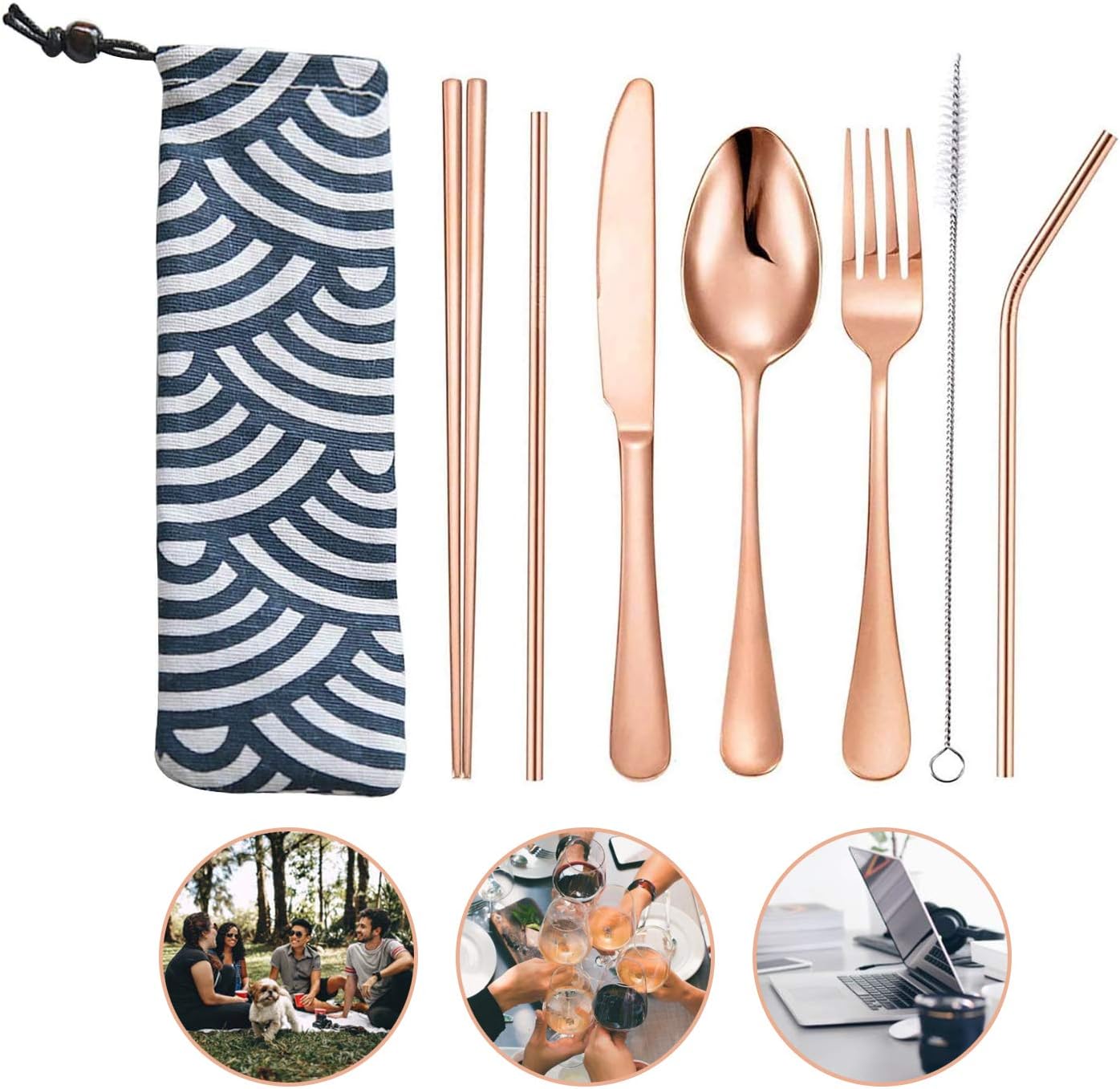 JZZJ 7 Pieces Portable Stainless Steel Flatware Set Travel Cutlery Silverware Set Reusable Utensils with Case, Stainless Steel Knife Fork Spoon Chopsticks Straws (Rose Gold)