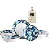 222 Fifth 12-Piece Porcelain Dinnerware Set for 4, Luxury White &amp; Bohemian Blue Plates and Bowls Set, Glossy Ceramic Dish Set with Detailed Floral, Microwave &amp; Dishwasher Safe Dishes, Nightingale