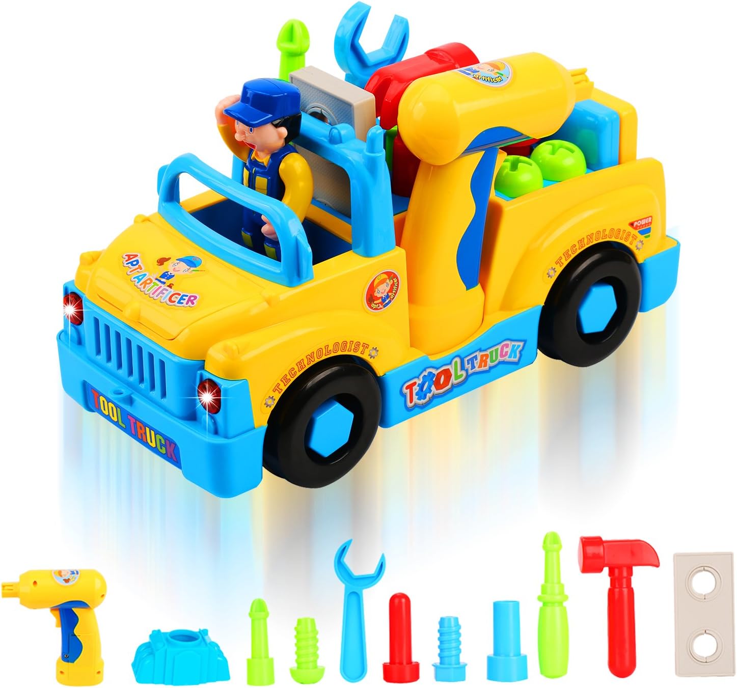 QuadPro Truck Take Apart Toys for Boys Girl with Electric Drill and Various Take-A-Part Tools, Lights and Music, Construction Car Stem Toys for Kids