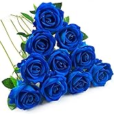 DECEED 10 PCS Artificial Roses with Long Stems Silk Flowers Realistic Foam Flowers Fake Roses for Valentine's Day Home Wedding Halloween Decor(Blue)