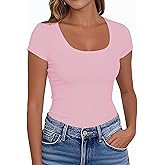 PALINDA Women's Short Sleeve Scoop Neck Fitted Shirts Basic Casual Stretchy T Shirt Workout Tops