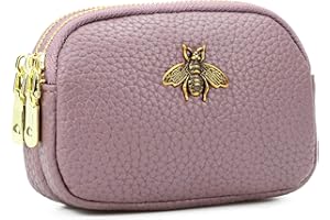 WOZEAH Leather Coin Purse for Women Small 2 Zipper Change Wallet with Key Ring Card Key Coin Cash Holder Pouch(Purple)