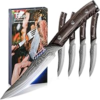 SYOKAMI Steak Knives Set of 4, 4.8 Inch High-Carbon Japanese Stainless Steel Non-Serrated Meat Knife with Wood Handle, Damasc