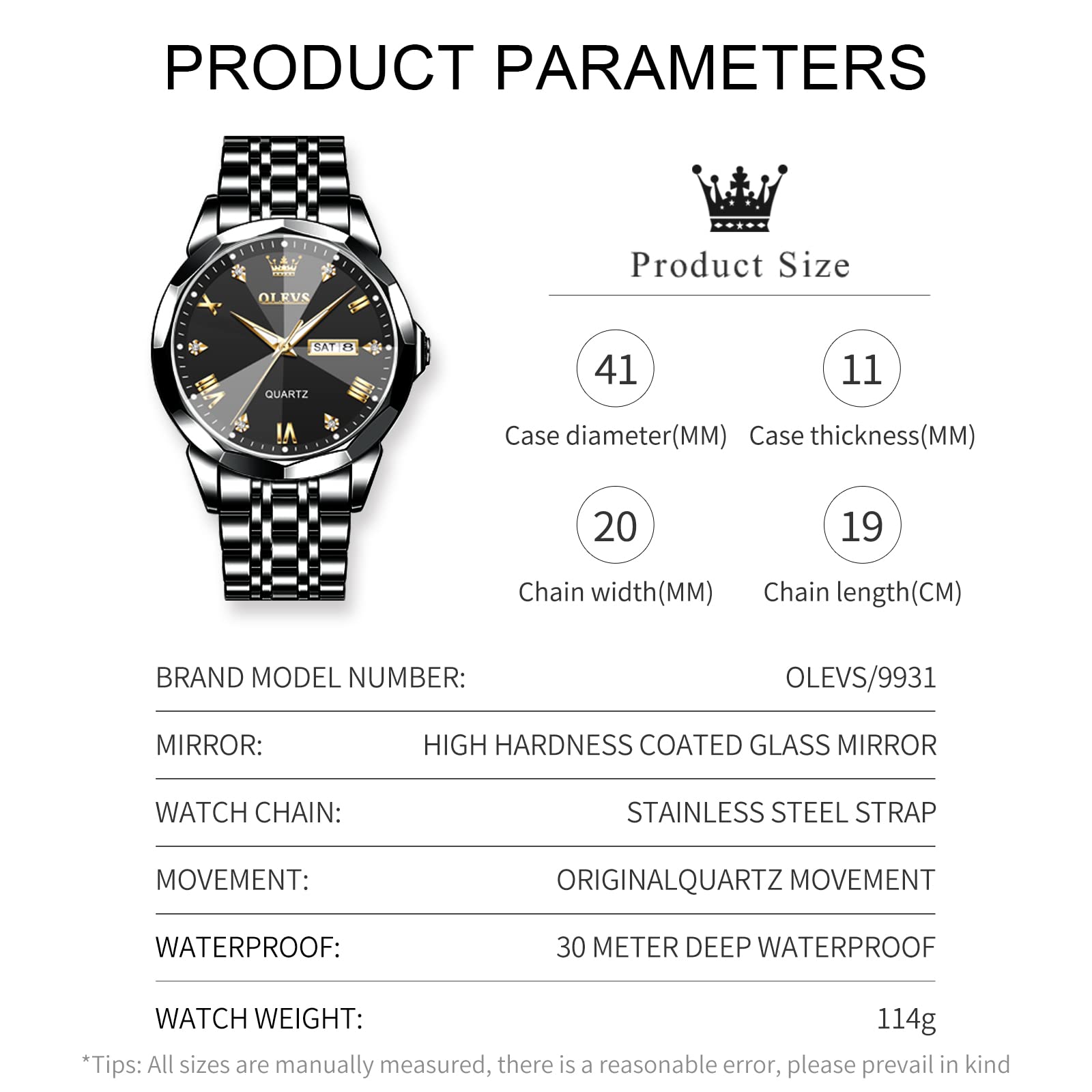 OLEVS Uhr Herren Luxus Diamant Edelstahl Wasserdicht Analog Datumsanzeige Business Original Schwarz Armbanduhr Herren 6
