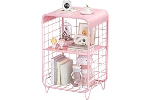 APEXCHASER Cute Kids Pink Nightstand,Metal Side Table,3 Tier End Table with Storage,Vintage Bedside Table,Girls Bedroom Furniture for Living Room,Bedroom,Dorm