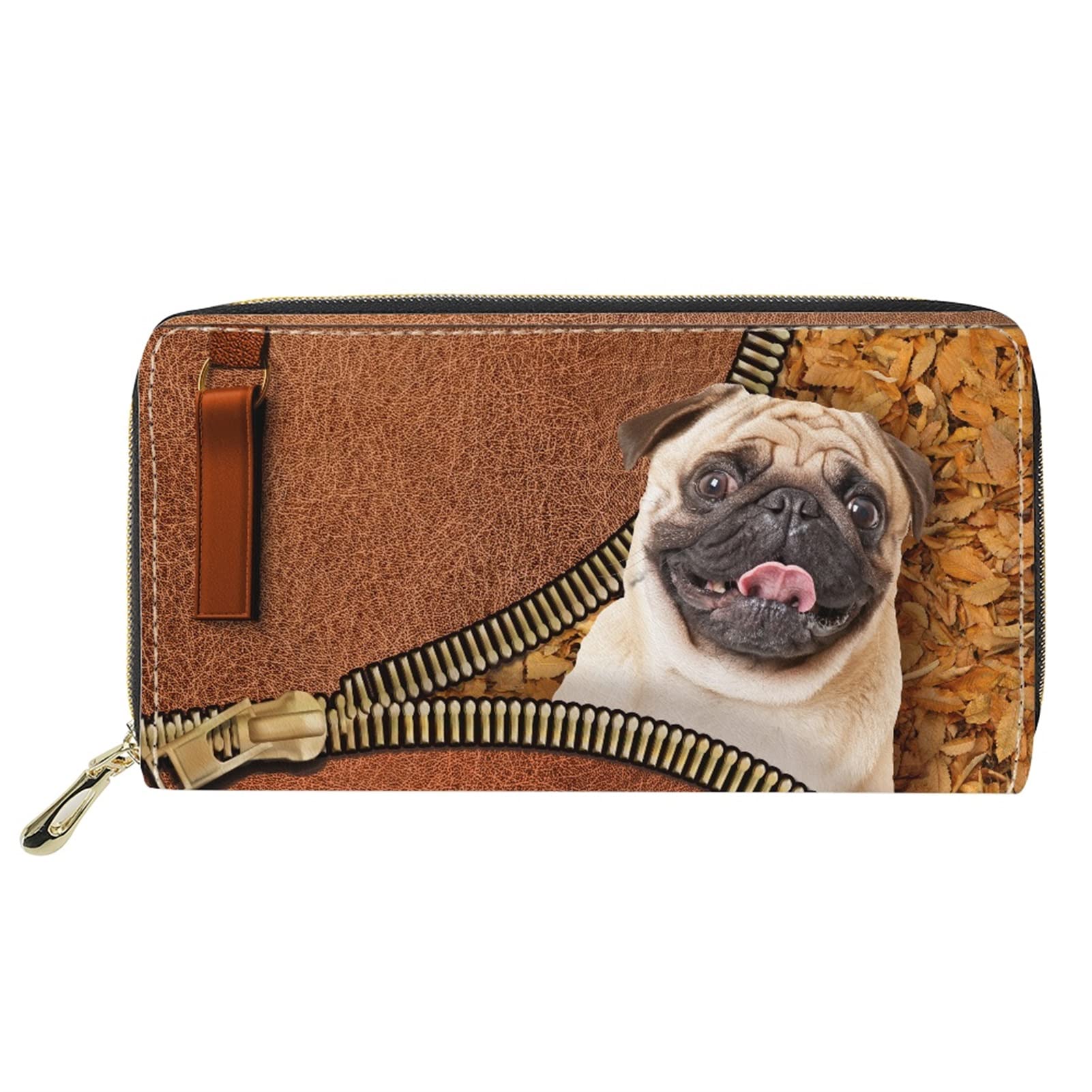 Dolyues Cute 3D Animal Pug Dog/Puppy Print Ladies Purse,Long Pu Leather Zippered Wallet with Multiple Slot and Coin Pocket