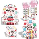 100 Pcs Birthday Party Plates Napkins Forks Supplies Happy Birthday Tableware Set Disposable Paper Plates Napkins Forks for Kids Birthday Baby Shower, Serves 20