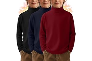 LessonZoo 3 Pack Boys Thermal Turtleneck Long Sleeve Fleece Tops, Compression Shirts Youth Basic Layer Warm Undershirt Winter