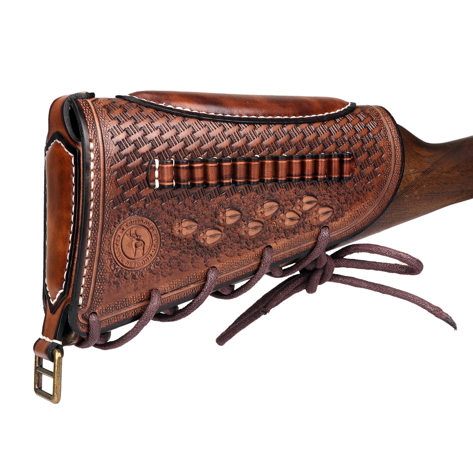 TOURBON Cowhide Leather Rifle Buttstock Ammo Pouch Adjustable Cheek Rest Shell Holder for .22LR Cartridges