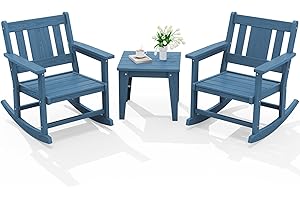 SERWALL 3 Piece Patio Rocking Bistro Set, Outdoor Bistro Set with Side Table, All Weather Outdoor Rocking Chair Set for Garden, Balcony, Backyard, and Porch- Blue