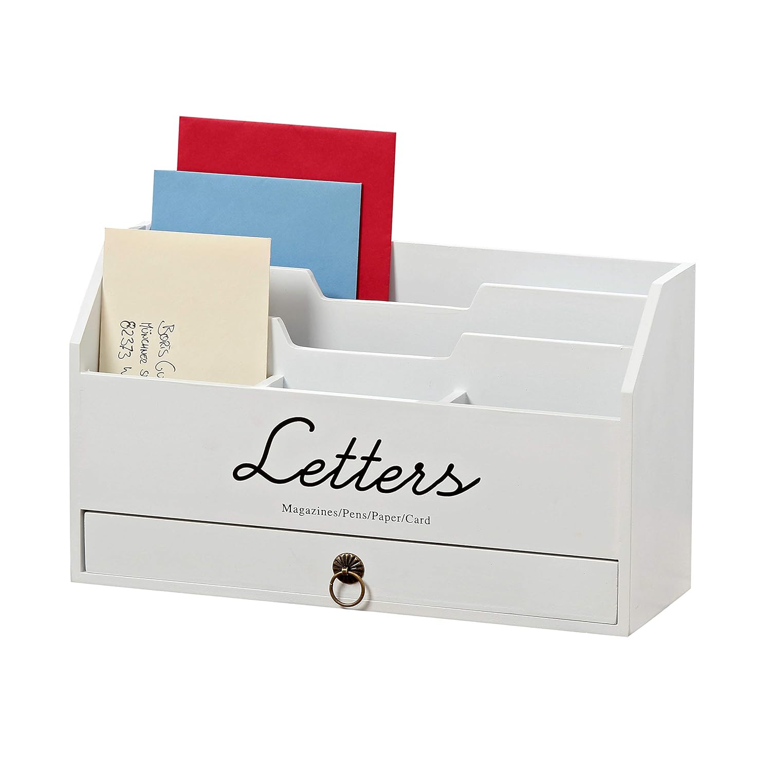 Mail and Letters Desk Top Organizer, Envelope Holder, Compartment Drawer, Rustic White Wood, 11 3/4 L x 4 1/4 W x 7 H Inches