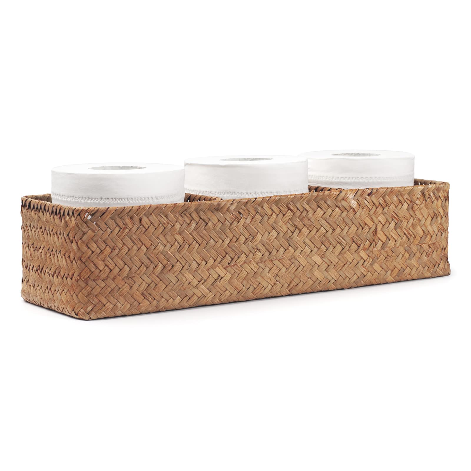 Seagrass Tank Basket for Toilet Paper 3 Sections Woven Storage Basket with Large Compartment (Natural 42cm x 14cm x 9cm)