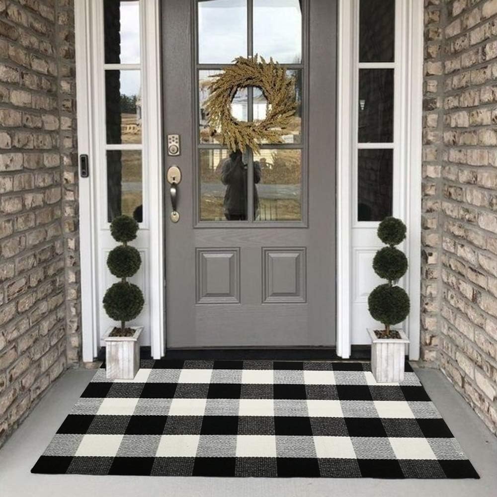 Rugs, Pads & Protectors - Buffalo Plaid Outdoor Rug, 27.5'' x 43'' Black and White Check Indoor/Outdoor Area Rugs, Layering Rug for Hello/Welcome Door Mat, Washable Cotton Woven Farmhouse Mat for Fall Front Porch Décor