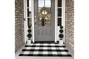 BOTTALIVE Buffalo Plaid Outdoor Rug, 27.5''x43'' Black White Check Indoor/Outdoor Area Rugs, Layering Rug for Hello/Welcome Door Mat, Washable Cotton Woven Farmhouse Mat for ​Christmas Front Porch Décor
