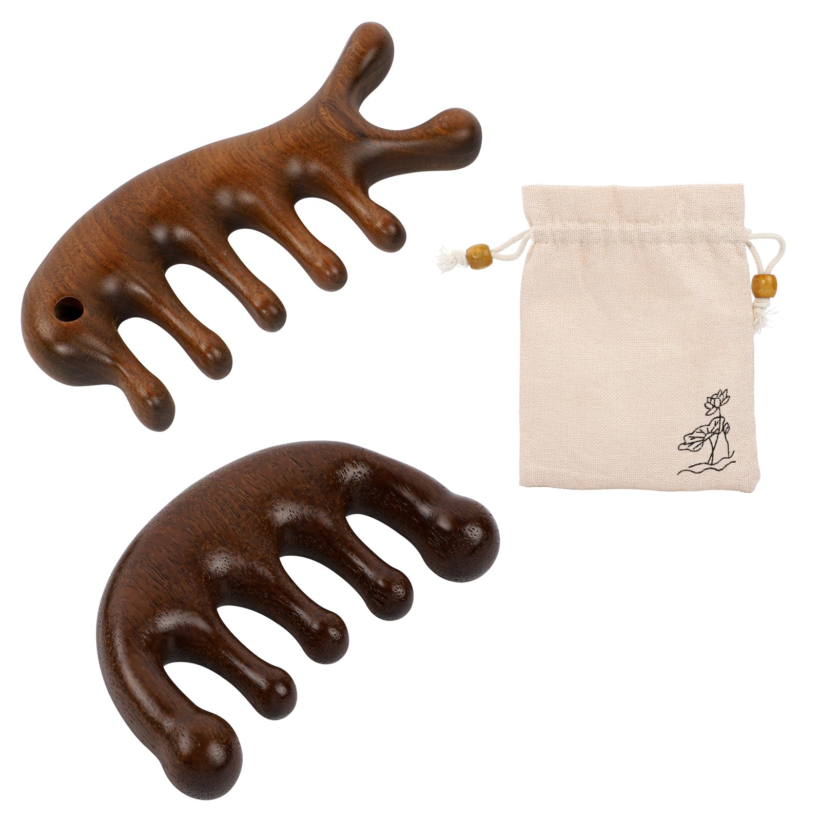 2 Pieces Wooden Scalp Massage Comb, Wide Tooth Hair Tool for Meridians, Sandalwood Gua Sha, Hair Growth - for Women and Men