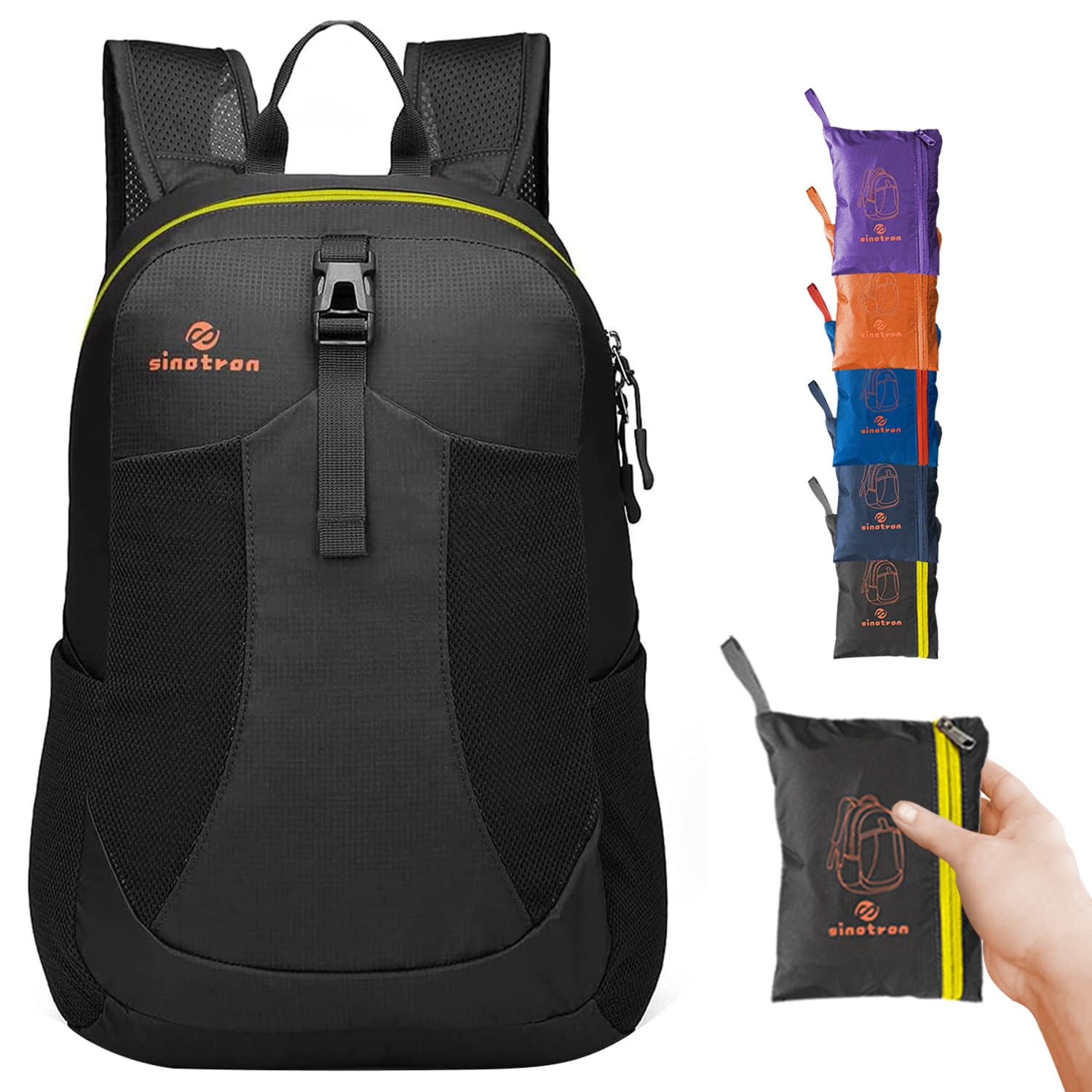 [sinotron] アウトドアバック 超軽量携帯リュック 折りたたみ可能バックパック 耐久性のある 22L大容量 収納性 マルチカラー 休暇、学校、キャンプ、ショッピングなど様々なシーンで適用（グリーン+ブルー+レッド+ ネイビー+ブラック） (ブラック)商品画像