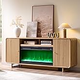 IFGET 70" Fluted Fireplace TV Stand for 80 Inch TV, Modern Entertainment Center w/36'' Electric Fireplace, Wood Media Console w/Curved Profile Design and Adjustable Shelves for Living Room,Natural Oak