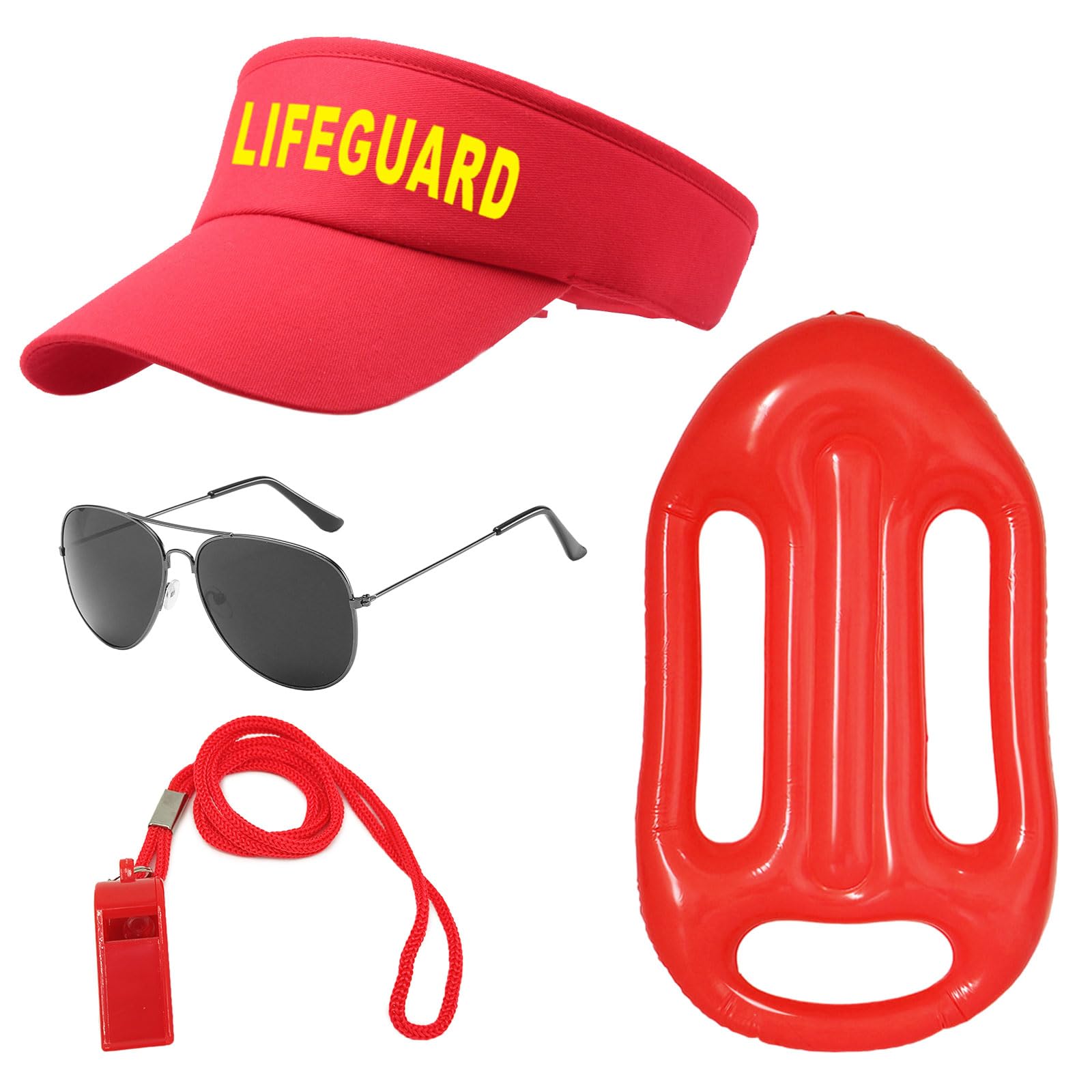 UILYNIU 4 Pieces Life Guard Costume Accessories, Beach Costume Adjustable Hat Guard Float Whistle Sunglasses, Sunscreen Hat for Adults Kids Lifeguard Fancy Dress Up Men Women Pool Party Cosplay (4PCS)
