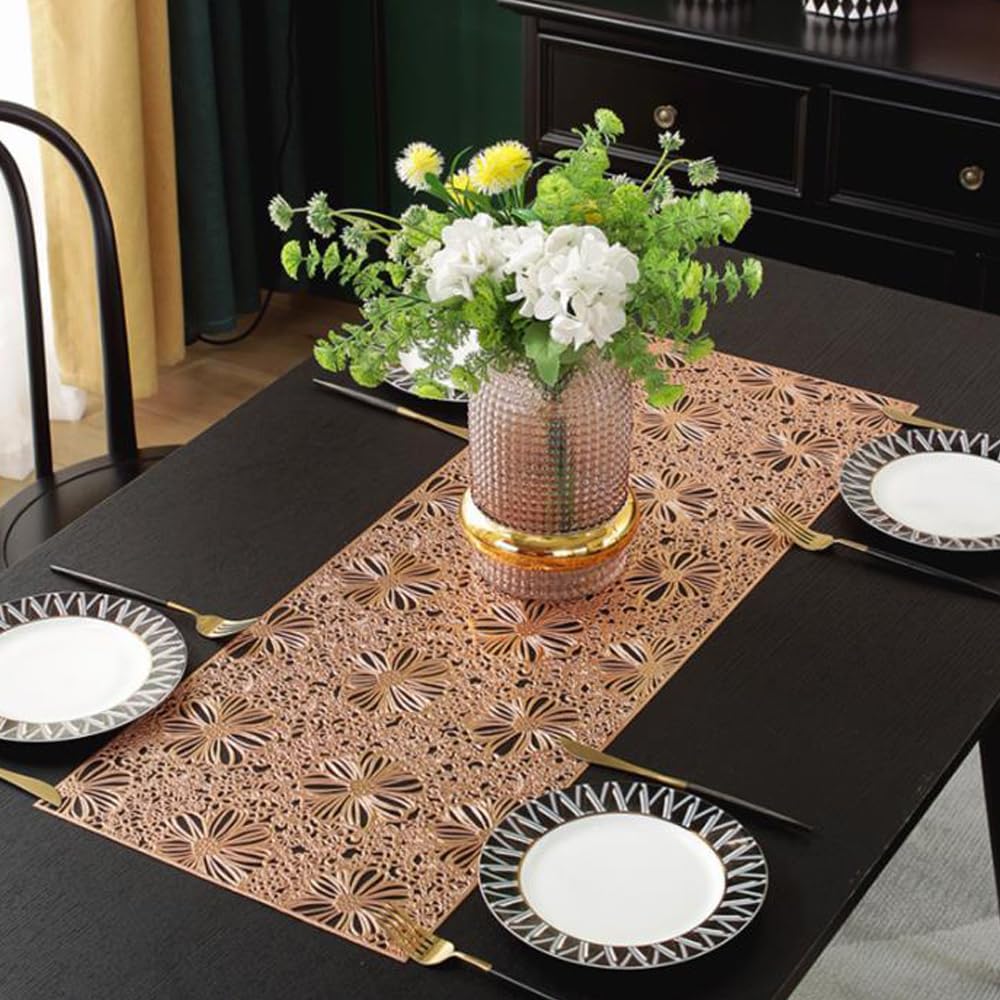 Hosoncovy Hollow Table Runner Non-slip Decorative PVC Table Mats Placemat Protective Heat Resistant Mats for Home Party Kitchen Dining Wedding Decor (91CM X 33CM) (Rose Gold)