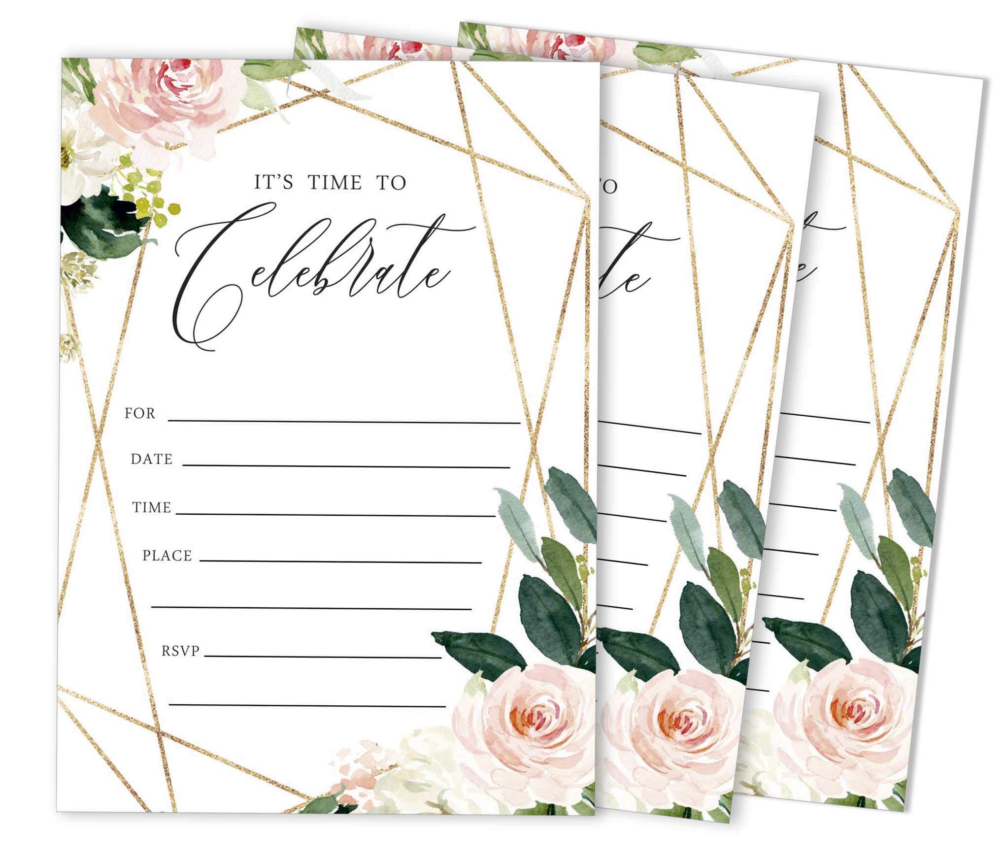 Inkdotpot Pack Of 30, Its Time To Celebrate Join Us Invitations With Envelopes, Geo Blush Floral Greenery Watercolor Invites for Your Wedding, Bridal Shower Engagement Party, Birthday 5 X 7 Inches
