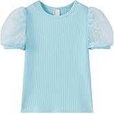 PATPAT Girls Puff Sleeve Shirt Plain Mesh Lace Knit Ribbed Dressy Blouse Summer Tops 2-12 Years