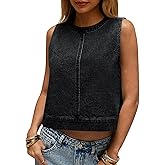 Cicy Bell Womens Denim Tank Tops Crew Neck Summer Casual Sleeveless Shirts Cropped Loose Fit Jean Vests