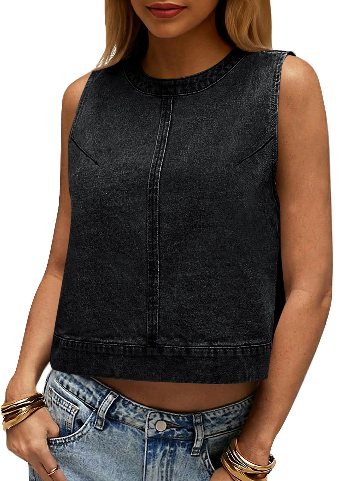 Photo 1 of Cicy Bell Womens Denim Tank Tops Crew Neck Summer Casual Sleeveless Shirts Cropped Loose Fit Jean Vests