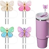 Amreich Butterfly Glitter Straw Covers - 4PCs Bling Straw Toppers for Stanley Quencher H2.0 30oz & 40oz Tumblers 10mm Reusable Silicone Accessories for All Ages