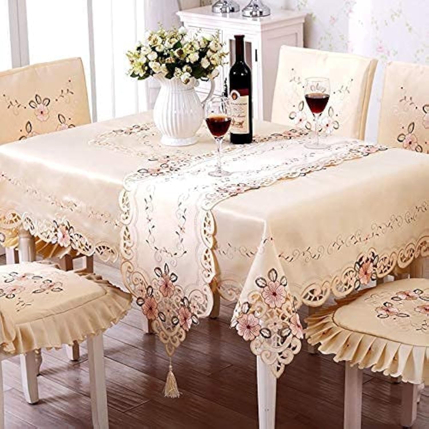 LeLehome 55" X 78" Oblong Beige Flower Embroidered Tablecloth, Vintage Classic Lace Floral Dining Table Cloth Table Cover for Home Kitchen Decoration