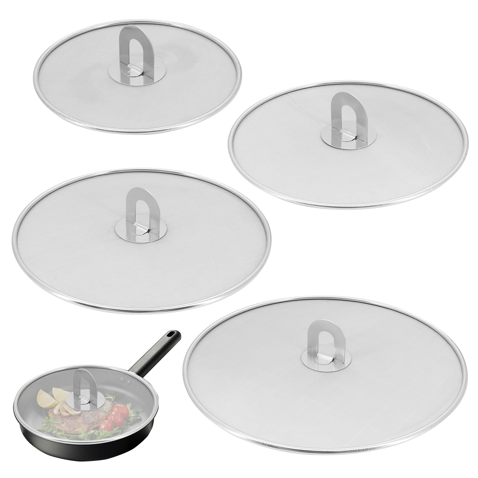 Beowanzk Stainless Steel Frying Pan Splatter Guard, Splash Guard for Frying Pan, Cooking Splatter Screens Covers Lids for Home Restaurant 4Pcs (8.3 inch, 9.8 inch, 11.4 inch, 13 inch)