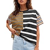 Tankaneo Womens Summer Striped Shirts Casual Color Block Short Sleeve Tops Loose Fit Crew Neck Tees