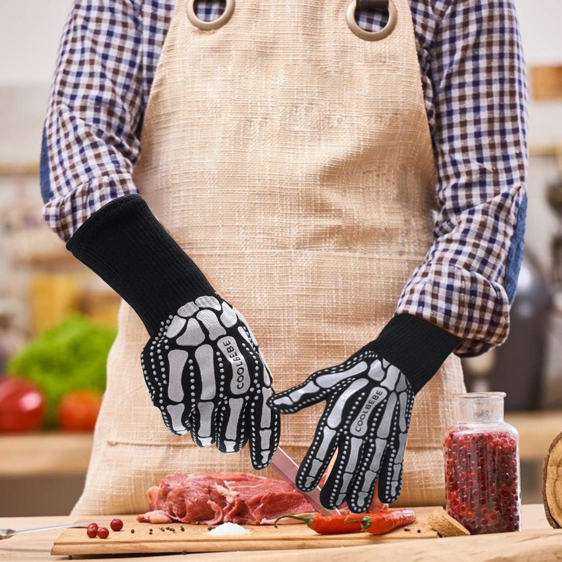 Black Skeleton BBQ Grill Gloves, COOLBEBE Unisex Cooking Oven Barbecue Gloves Kitchen Mitts with Skull Pattern - 1472°F Extreme Heat Resistant, Durable & Light Weight - 1 Pair : Garden & Outdoor