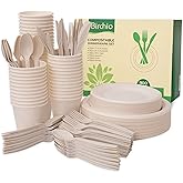 300 Piece (50 Sets) Biodegradable Paper Plates Set (EXTRA LONG UTENSILS), Disposable Dinnerware Set, Eco Friendly Compostable Plates & Utensil include Plates, Cups, Forks, Knives and Spoons