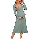 OUGES Women's Fall Maternity Dress for Photoshoot Long Sleeve Wrap V Neck Pleated Baby Shower Sweater Midi Dresses 2026