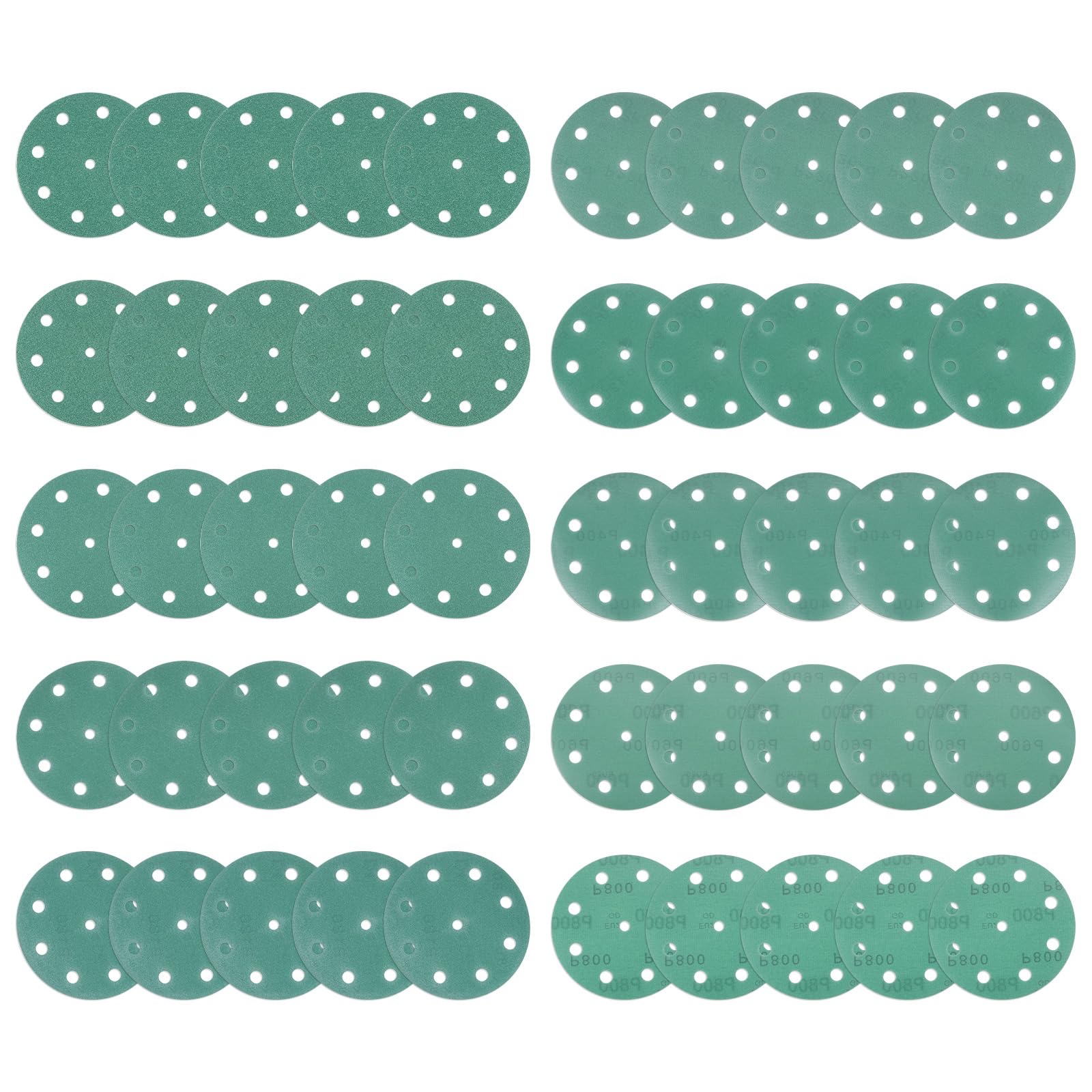 Kozelo 50pcs Green Film Sanding Discs - [5 Inch 60-800 Grits 9 Hole ] Round Aluminum Oxide Hook & Loop Wet Dry Sander Pads for Wood Metal Polishing Use| Zirconium Corundum Sandpaper