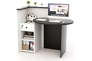 SILKYDRY Reception Desk, Small Retail Checkout Counter with Lockable Drawer and Open Shelves, Wooden Computer Workstation for Home Office Lobby, White Oval Desktop & Black Counter