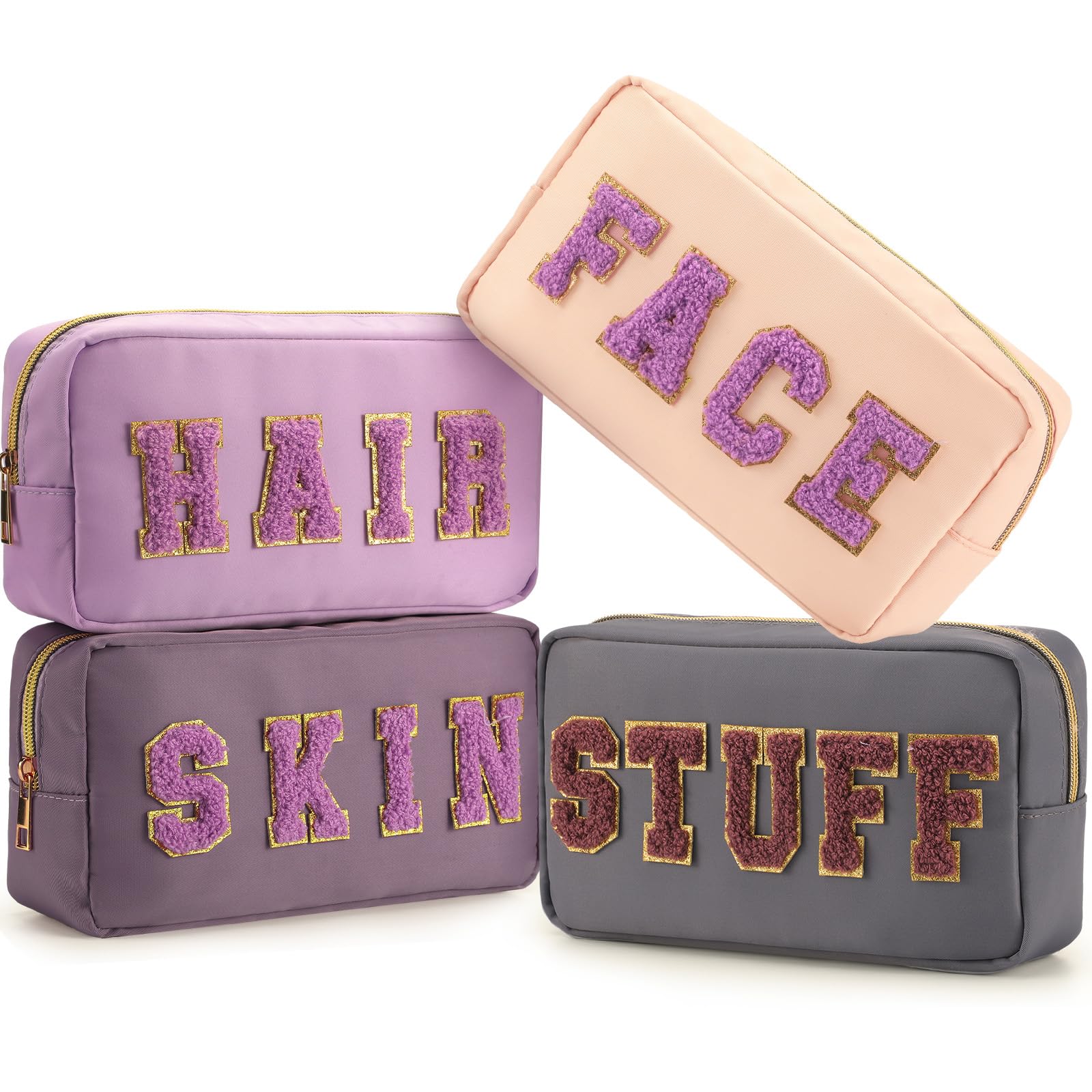 Photo 1 of Cunno 4 Pcs Preppy Makeup Bags Chenille Letter Stuff Bag Nylon Cosmetic Pouch Cases with Zipper for Women Travel Toiletry(Purple,Mystery)