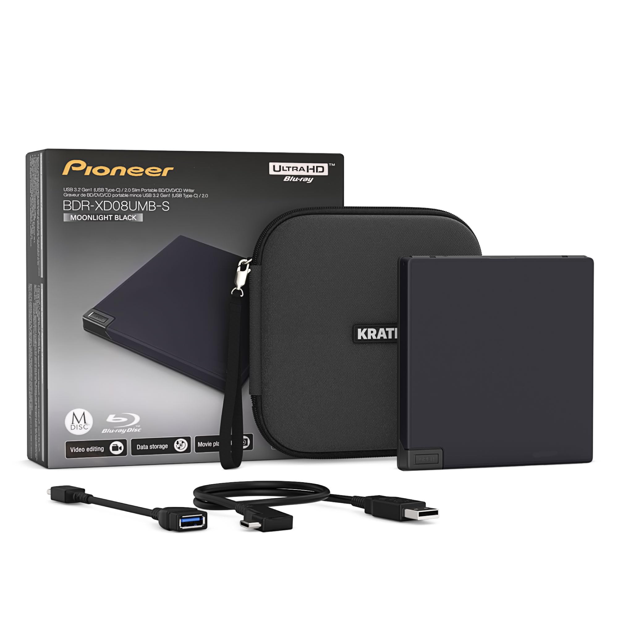 Pioneer BDR-XS08UMBS Blu-Ray Burner & Player - 6X Slim Portable External BDXL, BD, DVD & CD Drive for Windows & Mac with 3.2 USB - Write & Read on Laptop & Desktop, w/Carry Case