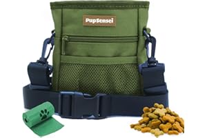PupSensei Dog Treat Pouch, Durable Oxford Polyester, No-Spill Magnetic Closure, Treat Pouches for Pet Training with Metal Clip, Waist Belt, Adjustable Strap, Poop Bag Dispenser (Army Green)
