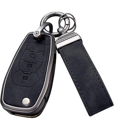 RUABIBAN Black Leather Crystal Key Fob Cover For Chevy - Fits Equinox, Camaro, Cruze, Malibu, Sonic Folding Keys