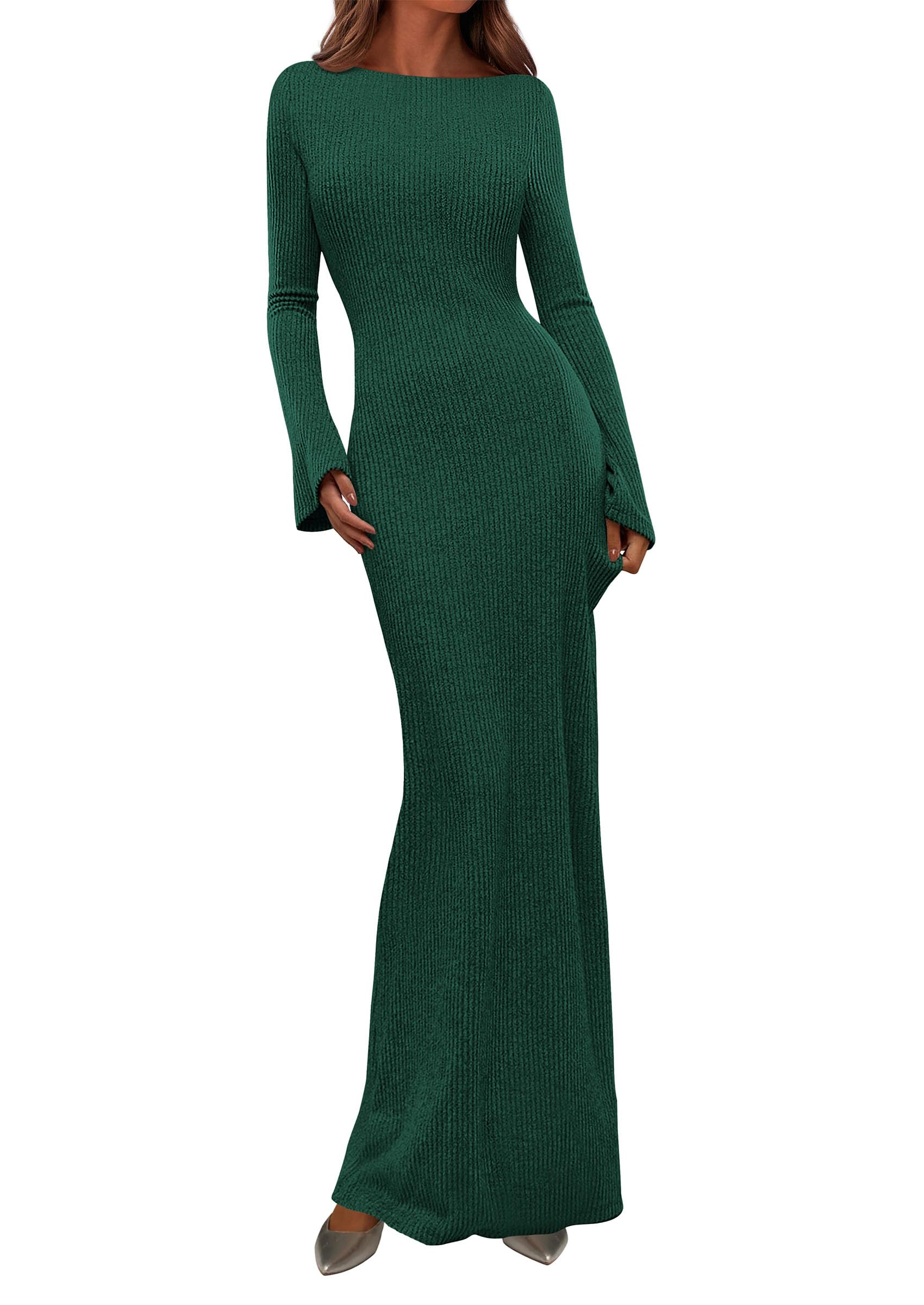 Photo 1 of **STYLE MSY SLIGHTLY DIFFER ** PRETTYGARDEN Women's Fall Fashion 2026 Long Sleeve Maxi Dress Ribbed Knit Boat Neck Bodycon Casual Dresses Going Out Outfits (Dark Green,Medium)