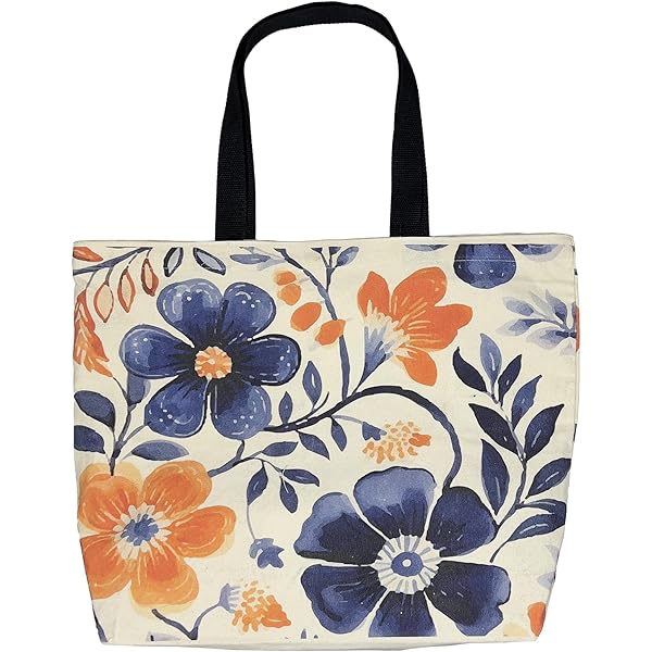 Canvas Tote Bag With Zip Pocket - White & Blue Flower Reusable Shopping Bag For Women, Foldable-812667