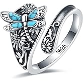 EJALEN S925-Sterling-Silver Abalone Dragonfly-Turquoise Spoon Ring - Vintage Boho Sunflower Thumb Oxidized Wrap Rings Victorian Style Antique Floral Jewelry Gifts for Women