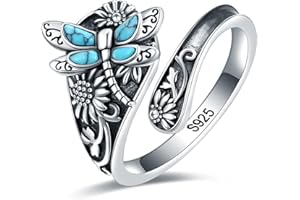 EJALEN S925-Sterling-Silver Abalone Dragonfly-Turquoise Spoon Ring - Vintage Boho Sunflower Thumb Oxidized Wrap Rings Victorian Style Antique Floral Jewelry Gifts for Women