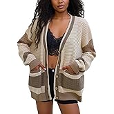 LKOUS Women's Sweater Cardigan with Pockets,Lightweight Casual Color Block Open Front Knit Cardigans Outerwear