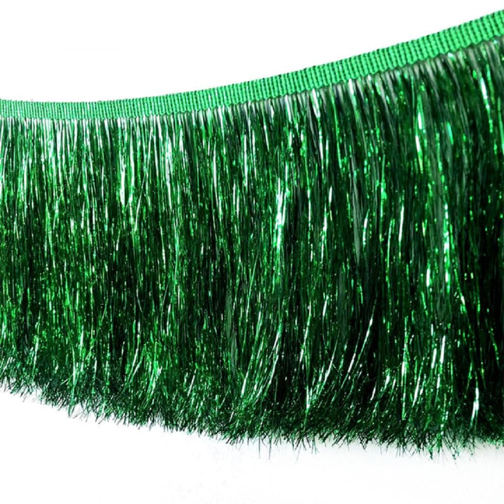 Yalulu 10 Meters Sequins Fringe Trim, Tinsel Fringe Trim, Metallic Lace Tassel Fringe Trimming for DIY Clothing Latin Decoration (Green)