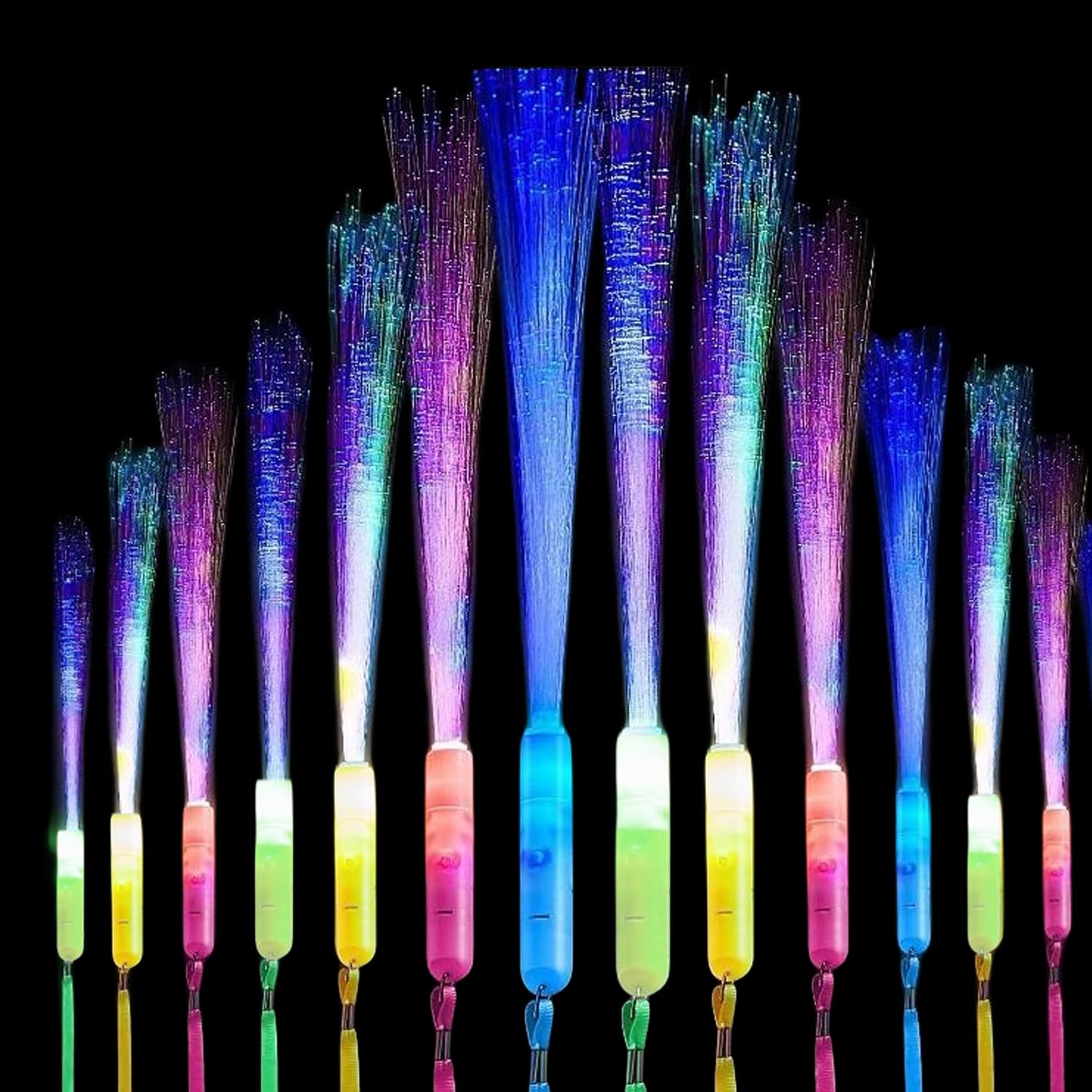 YOYIAG 12pcs Light Up Glow Sticks: Colorful Flashing Fibre Optic Lights, Glow Wands for Kids and Adults, LED Glow Fiber Wands for Party Favors