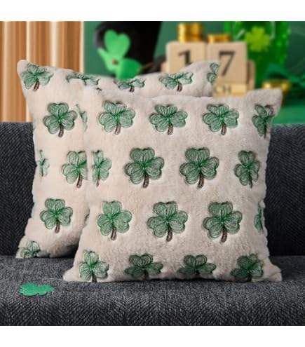 Kwlegh Fundas De Almohada De Trébol Del Día De San Patricio De 20 X 20 Pulgadas, Diseño De Trébol Verde, Con Dijes De La Suerte, Fundas De Almohada De Lino Y